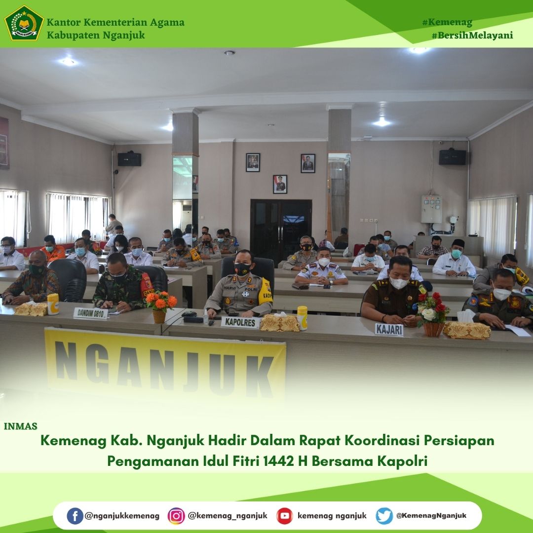 Kemenag Kab. Nganjuk Hadir Dalam Rapat Koordinasi Persiapan Pengamanan Idul Fitri 1442 H Bersama Kap
