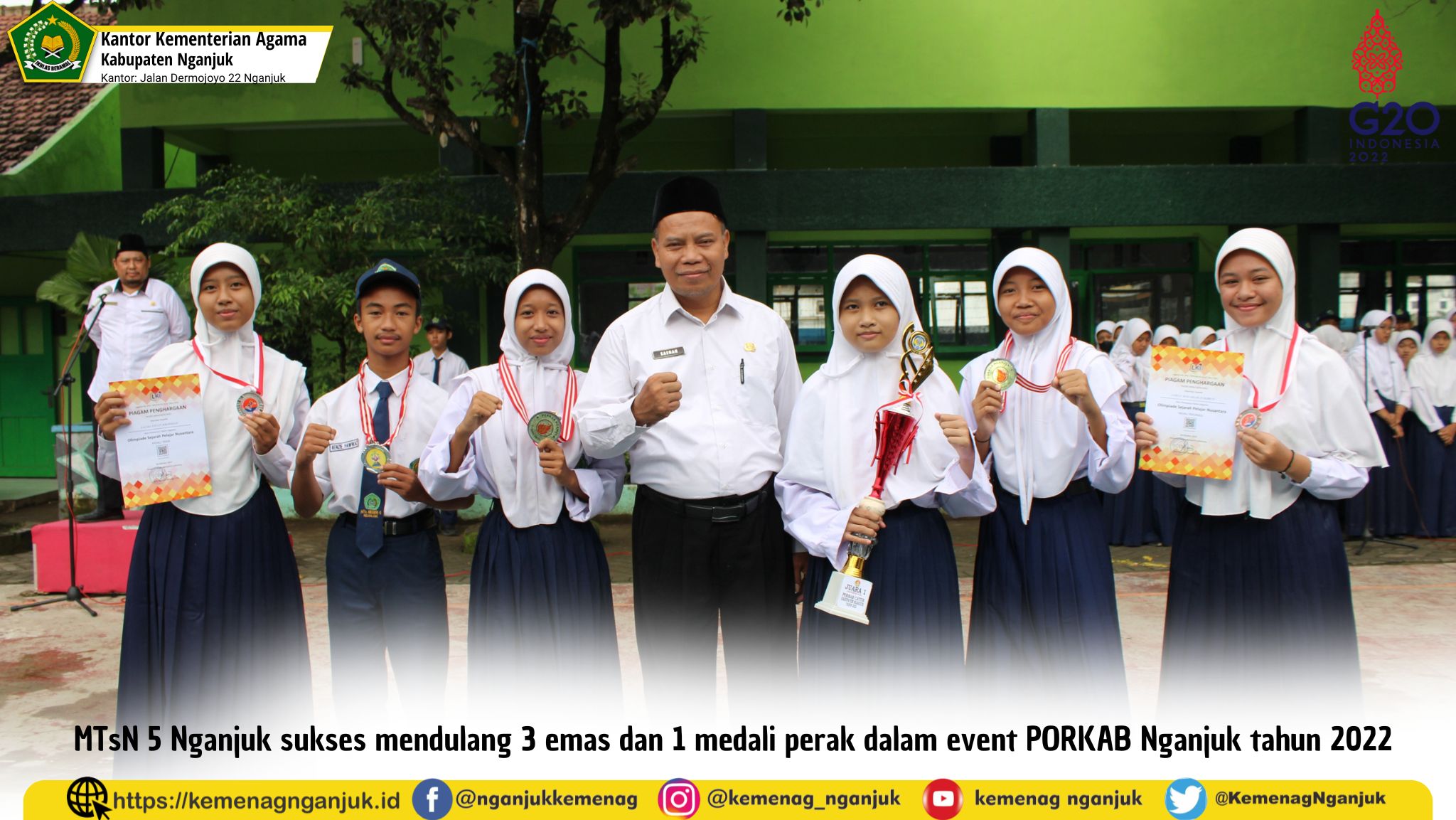 MTsN 5 Nganjuk sukses mendulang 3 emas dan 1 medali perak dalam event PORKAB Nganjuk tahun 2022