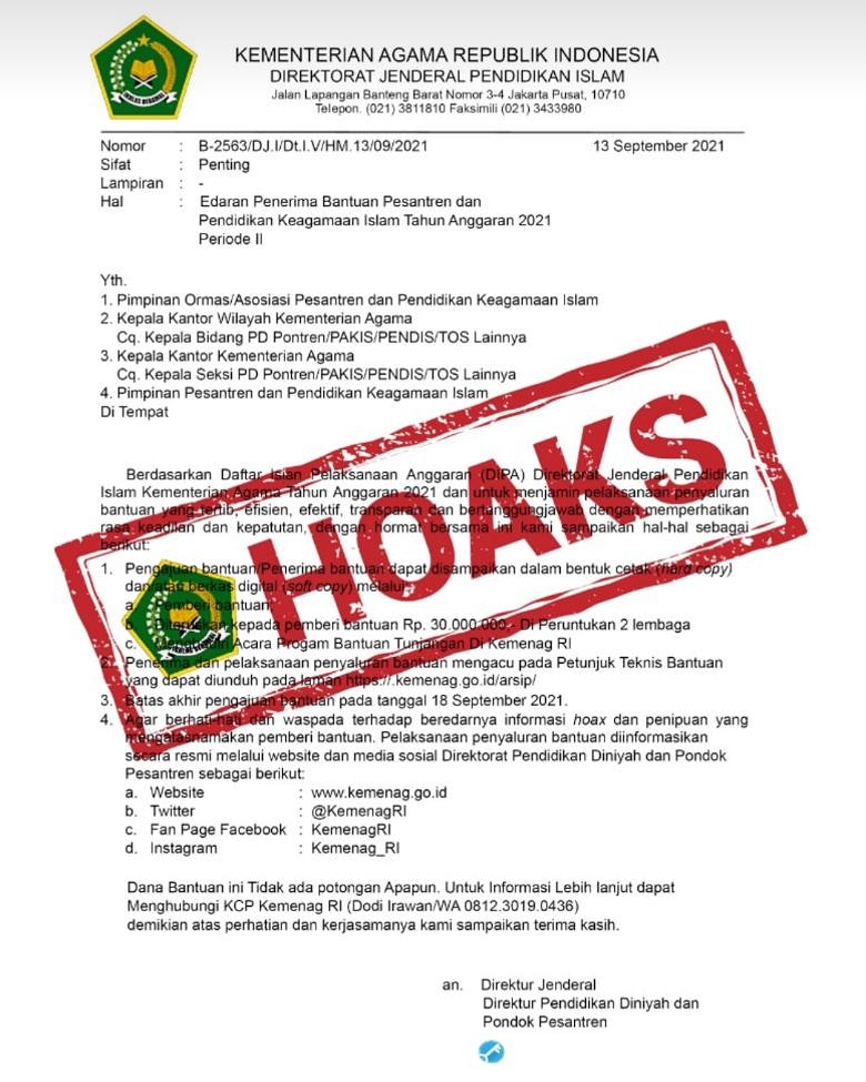 Beredar Edaran Penerima Bantuan Pesantren, Kemenag: Hoaks