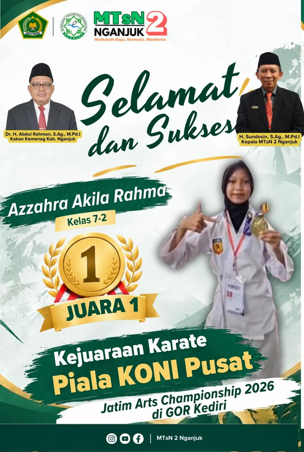 Sabet Juara 1 Karate Piala KONI Pusat Jatim Art Championship 2026, Azzahra Akila Rahma Harumkan Nama MTsN 2 Nganjuk